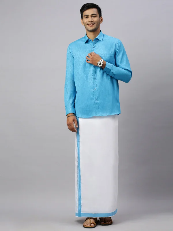 Men Eastern Blue Matching Border Dhoti & Full Sleeves Shirt Set CV5 Athletic Men's High Athletic Men's High