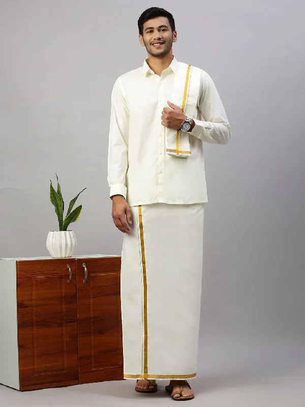 Men Cream Full Sleeves Shirt 3/4" inch Gold Jari Double Dhoti Towel & Belt Combo Trendy Men's Scandinavian Trendy Men's Scandinavian