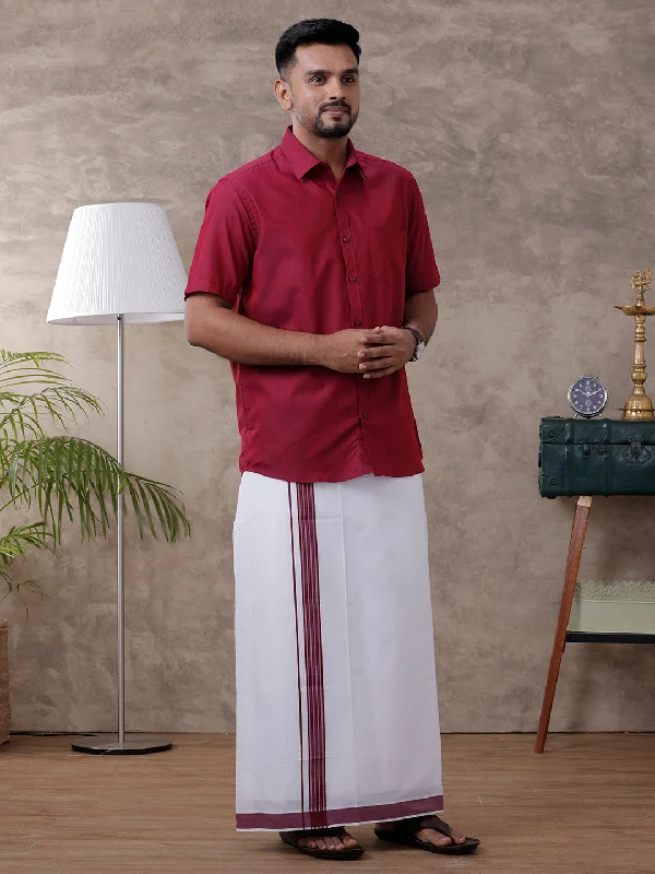 Men Maroon Matching Border Dhoti & Half Sleeves Shirt Set Evolution IC6 Sporty Men's Tennis Sporty Men's Tennis