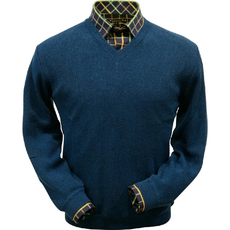 Baby Alpaca 'Links Stitch' V-Neck Sweater in Midnight Blue by Peru Unlimited Tailored Tailored