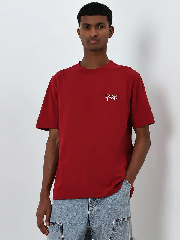 Nuon Red Text Design Relaxed-Fit Cotton T-Shirt Athletic Men's High Athletic Men's High