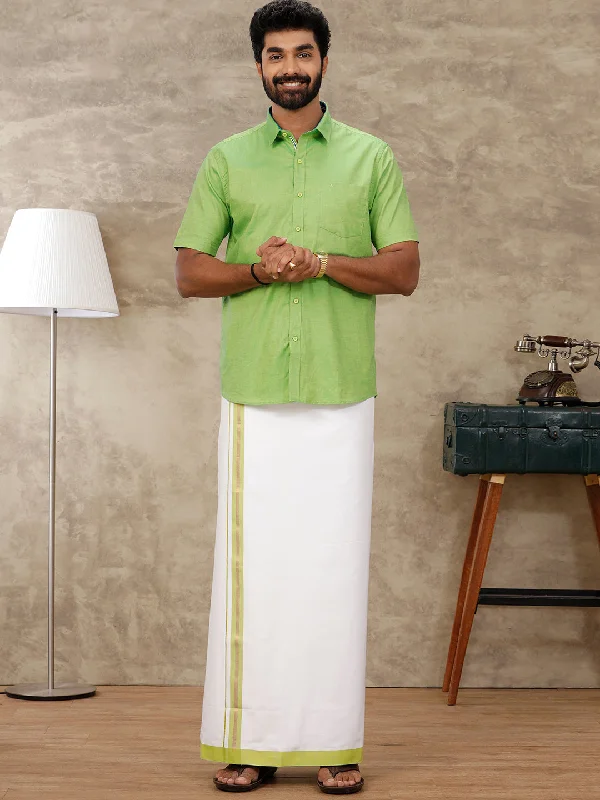 Men Cotton Matching Border Dhoti & Half Sleeves Shirt Parrot Green Set GL2 Athletic Men's Compression Athletic Men's Compression