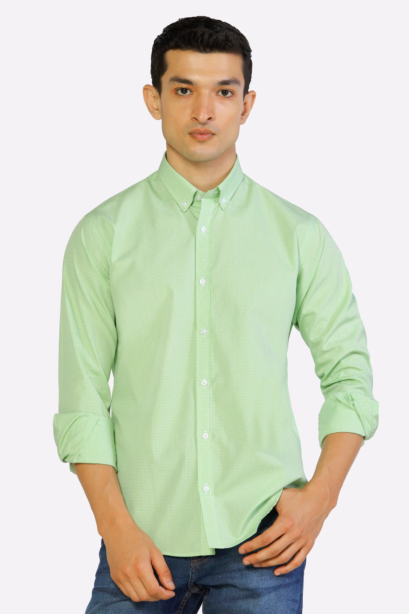 Light Green Mini-Check Casual Shirt Sophisticated Men's French Sophisticated Men's French