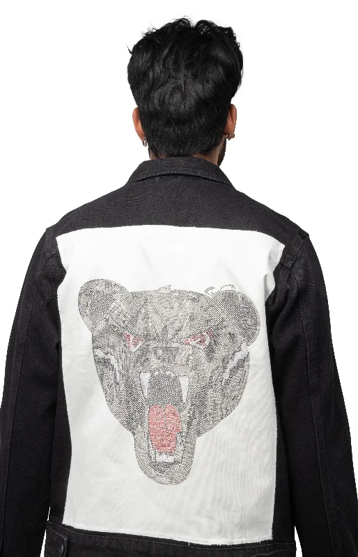 X RAY Men's Limited Edition Denim Jacket With Graphic on the back of Angry Bear Earthy Men's Sustainable  Earthy Men's Sustainable 