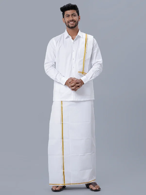 Men 100% Cotton White Full Sleeves Shirt with 1/2'' inch Jari Single Dhoti & Towel Combo Vintage Men's 1970S Disco Vintage Men's 1970S Disco