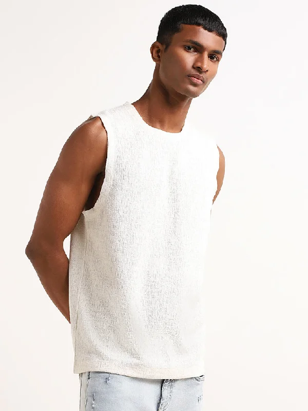 Nuon Off-White Relaxed Fit Marble Textured Cotton Blend Vest Monochromatic Office Style Monochromatic Office Style