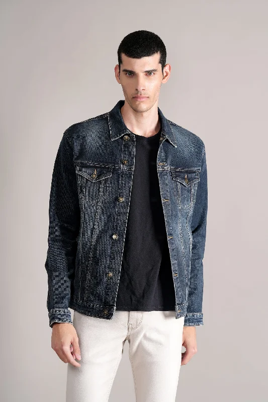 Men's Blue Spread Collar Denim Jacket Polished Men's Satin Polished Men's Satin