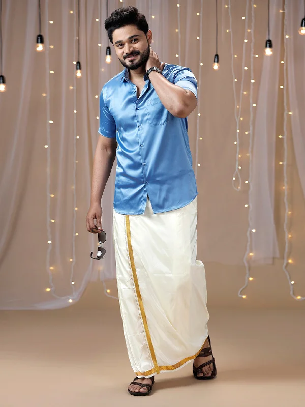 Men Sky Blue Half Sleeves Shirt with Art Silk Double Dhoti Combo PS6 Sleek Men's Metallic Sleek Men's Metallic