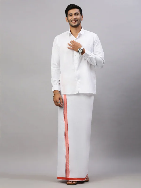 Mens White Shirt with Scarlet Orange Fancy Border Dhoti Combo WP17 Cozy Men's Winter Cozy Men's Winter