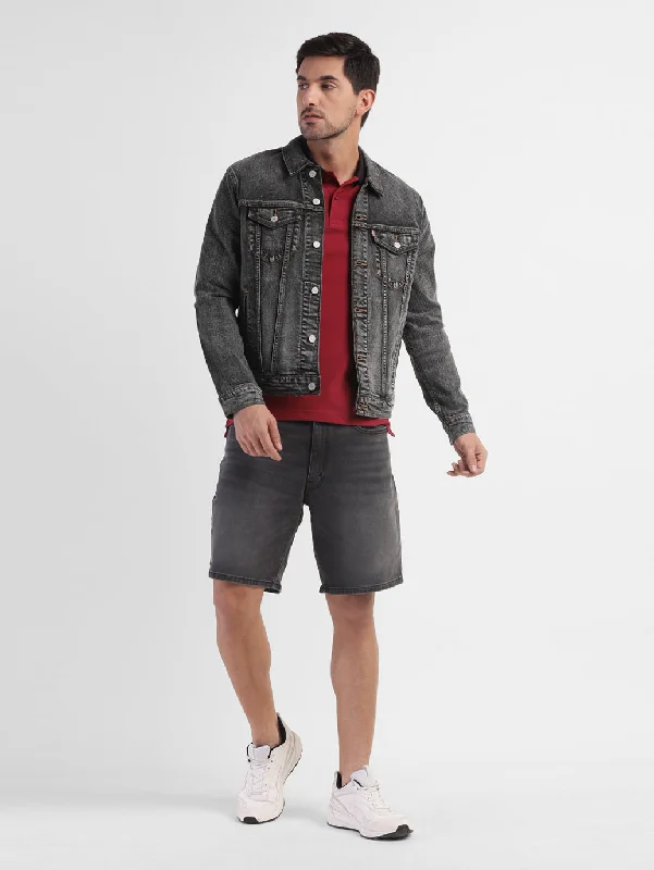 Men's Solid Spread Collar Denim Jacket Monochromatic Office Style Monochromatic Office Style