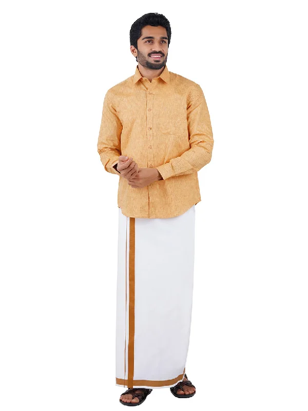 Men Readymade Adjustable Dhoti with Matching Shirt Full Mustard C1 Sophisticated Men's French Sophisticated Men's French