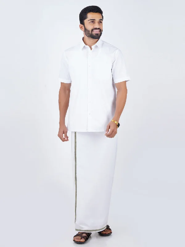 Men Cotton White Half Sleeve Shirt with Silver Jari 1/2" inch Dhoti Combo Silvertone Adventure Adventure