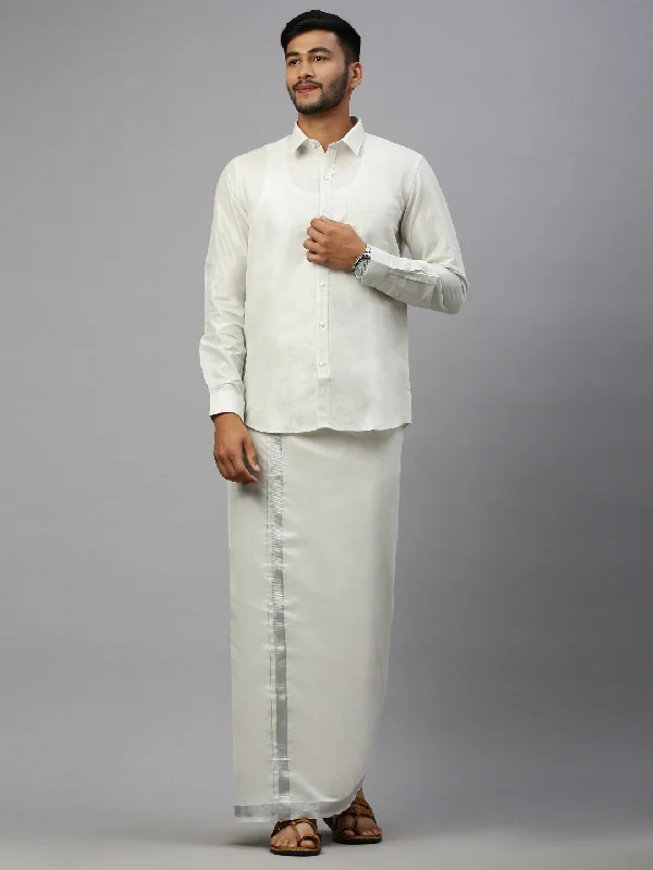 Men Silver Tissue Full Sleeve Shirt with Matching Readymade Single Dhoti Combo Bold Men's Animal Bold Men's Animal