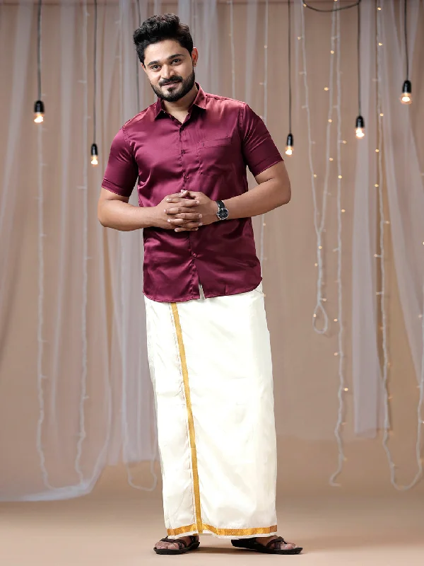 Men Purple Half Sleeves Shirt with Art Silk Double Dhoti Combo PS7 Practical Men's Quick Practical Men's Quick