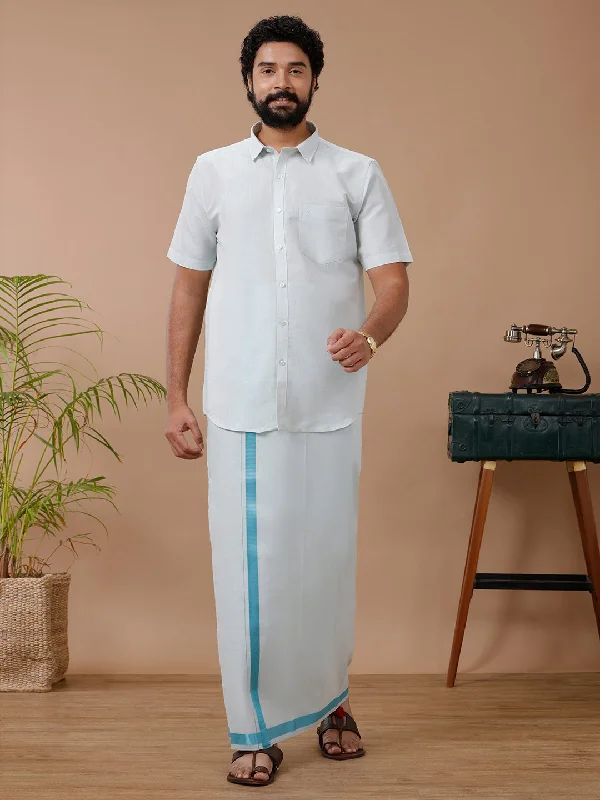 Men Tissue Cyan Dhoti & Half Sleeves Shirt Set Modern Men's Geometric Modern Men's Geometric