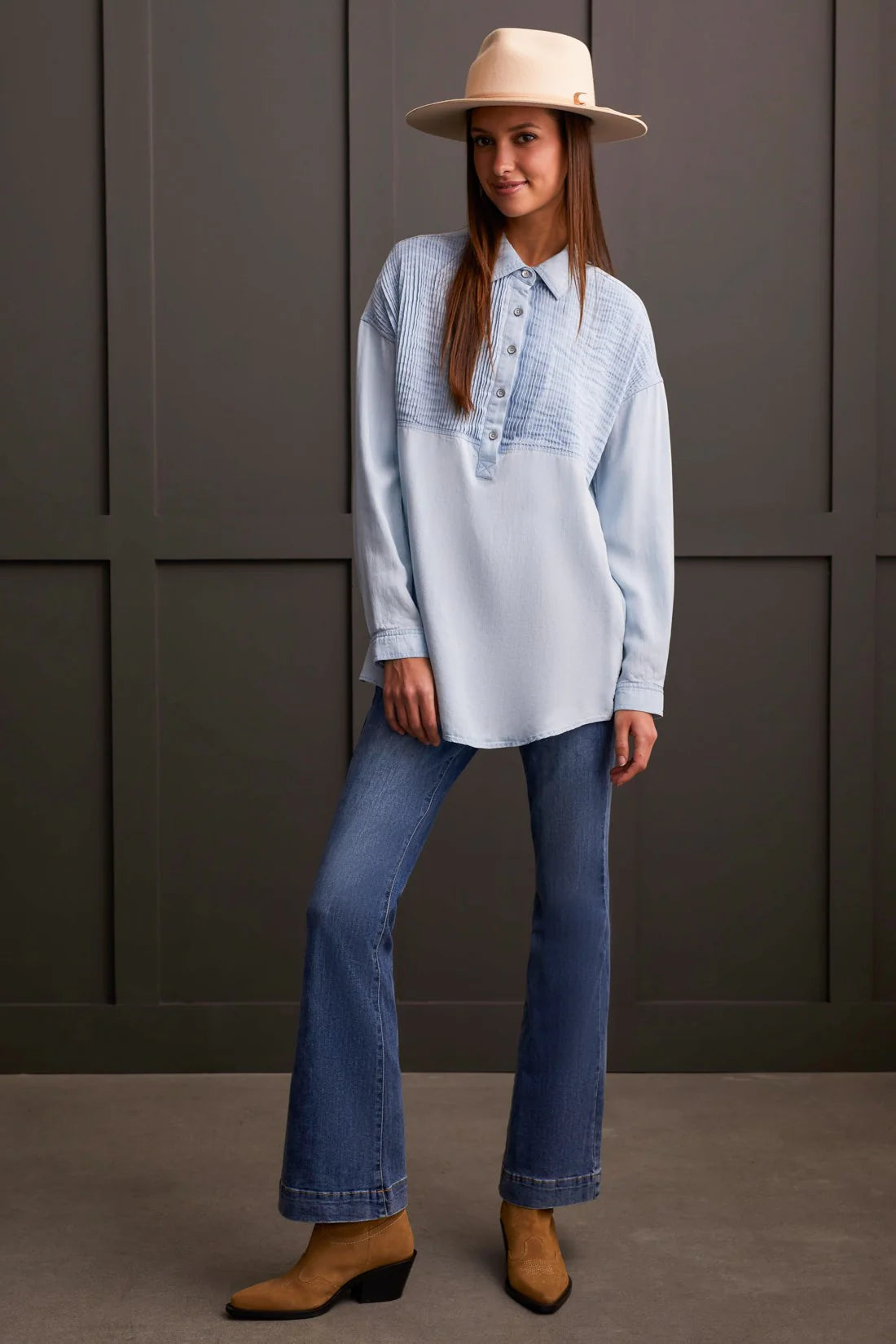 Tribal Denim Tunic Monochromatic Office Style